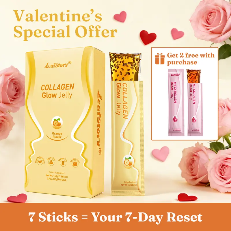 【$9.9 Only】LeafStory Collagen Glow Reset Jelly (7 Sticks): Orange Flavor, Collagen, Chia Seeds, Support Skin Health & Elasticity, Support Hair & Nails, Stress Relief & Nerve Health, Sugar-Free, Gluten-Free, Non-GMO, Gelatin-Free, Natural Ingredients