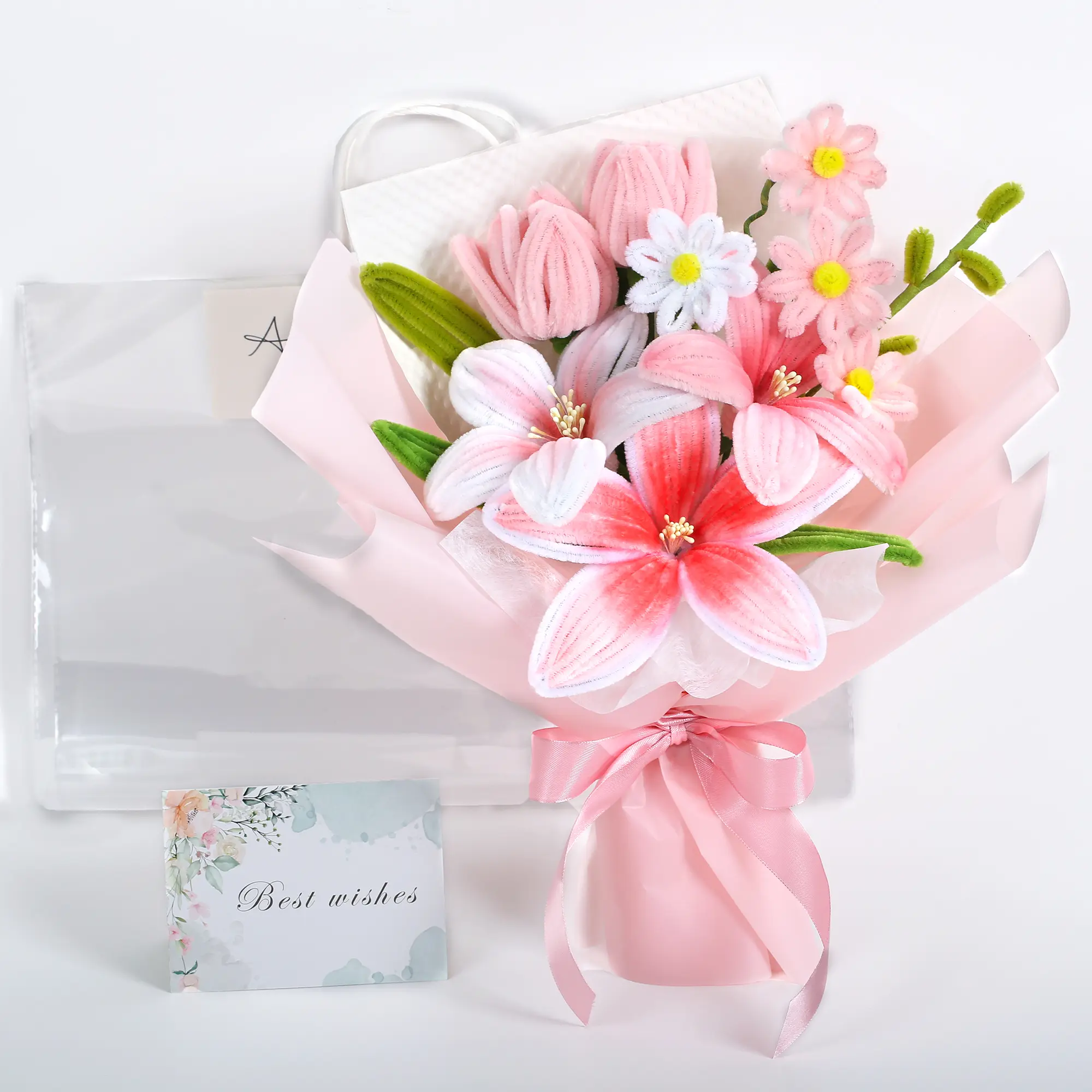 Completed Handmade Pipe Cleaner 3D Bouquet Artificial Flowers - Decorative Tulip, Lily & Daisy Arrangements, Floral Decor Gift for Women, All-Seasons Home Supplies, Anniversary Bag Accessory
