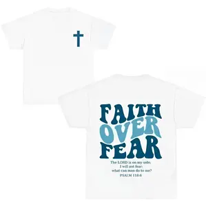 Youth 2 Sided Faith Over Fear Christian T-Shirt, Bible Verse Print Tee, Short Sleeve Cotton Casual Shirt for Youth - Menswear Top-women's shirt