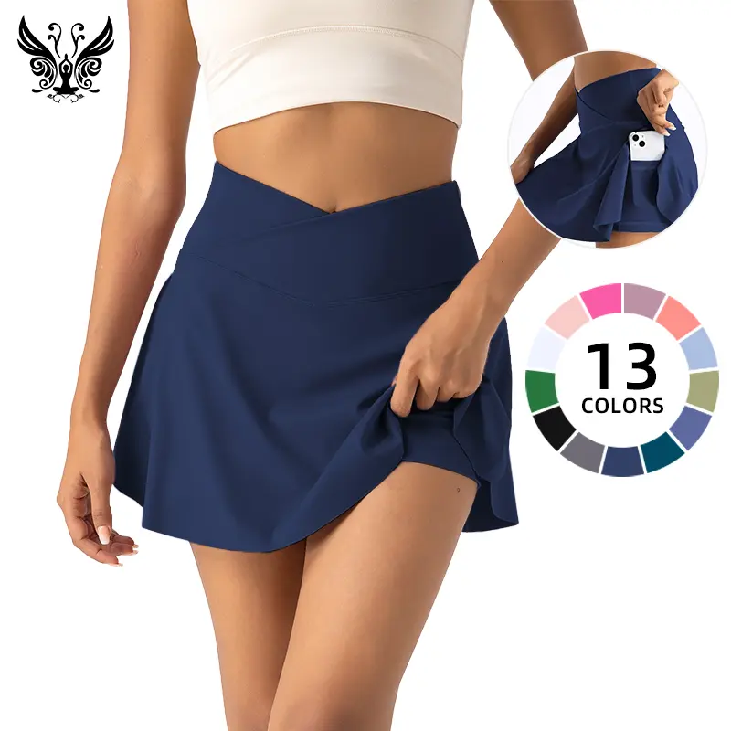 Women's Crossover High-Waist Athletic Skort - Quick-Dry Stretchy Fabric, Built-in Shorts, Hidden Pocket, V-Cut Slim Look, Above-the-Knee, Tennis/Golf & Golf-to-Gym Ready Sport Skirt