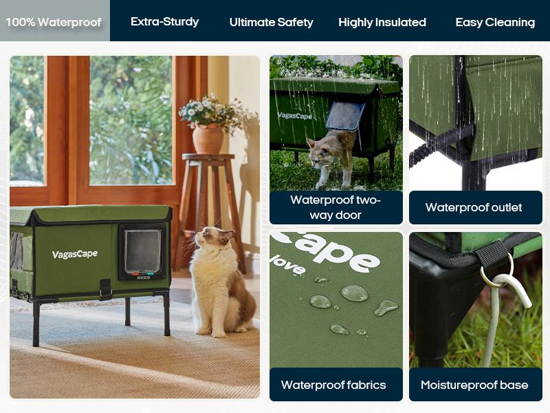 Vagascape Heated Outdoor Cat House, Heated Bowl, Thermostat & Overheat Protection with Auto Shutoff, Warms in ~3s & Energy-Saving – Waterproof, Insulated & Elevated, 12mm Fiberglass Frame, Escape Door & Window, UL-Tested Heating Core