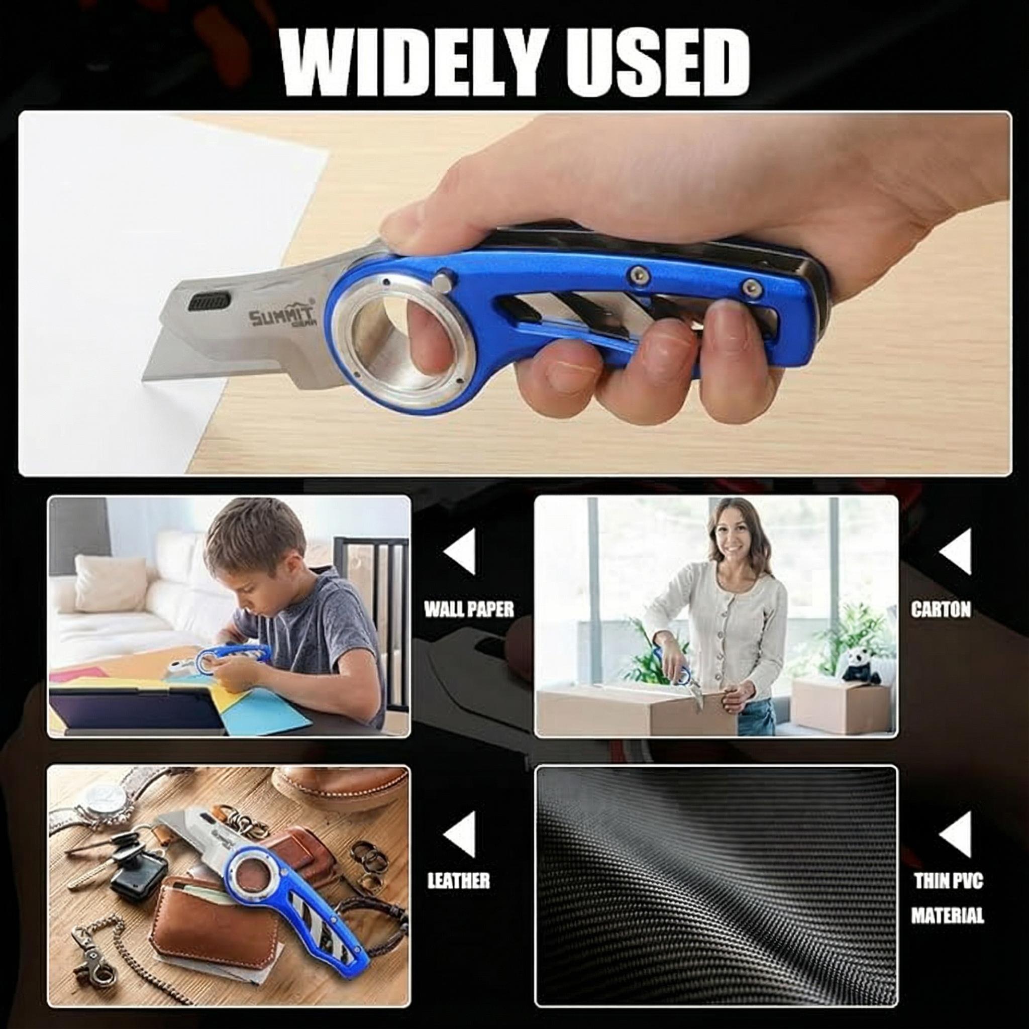 EDC Folding Box Cutter, Compact Lightweight Aluminum Handle Tool with 5 SK5 Replacement Blades, All- Metal, Belt Clip, Mens Gifts for Home & Office, Outdoor Work