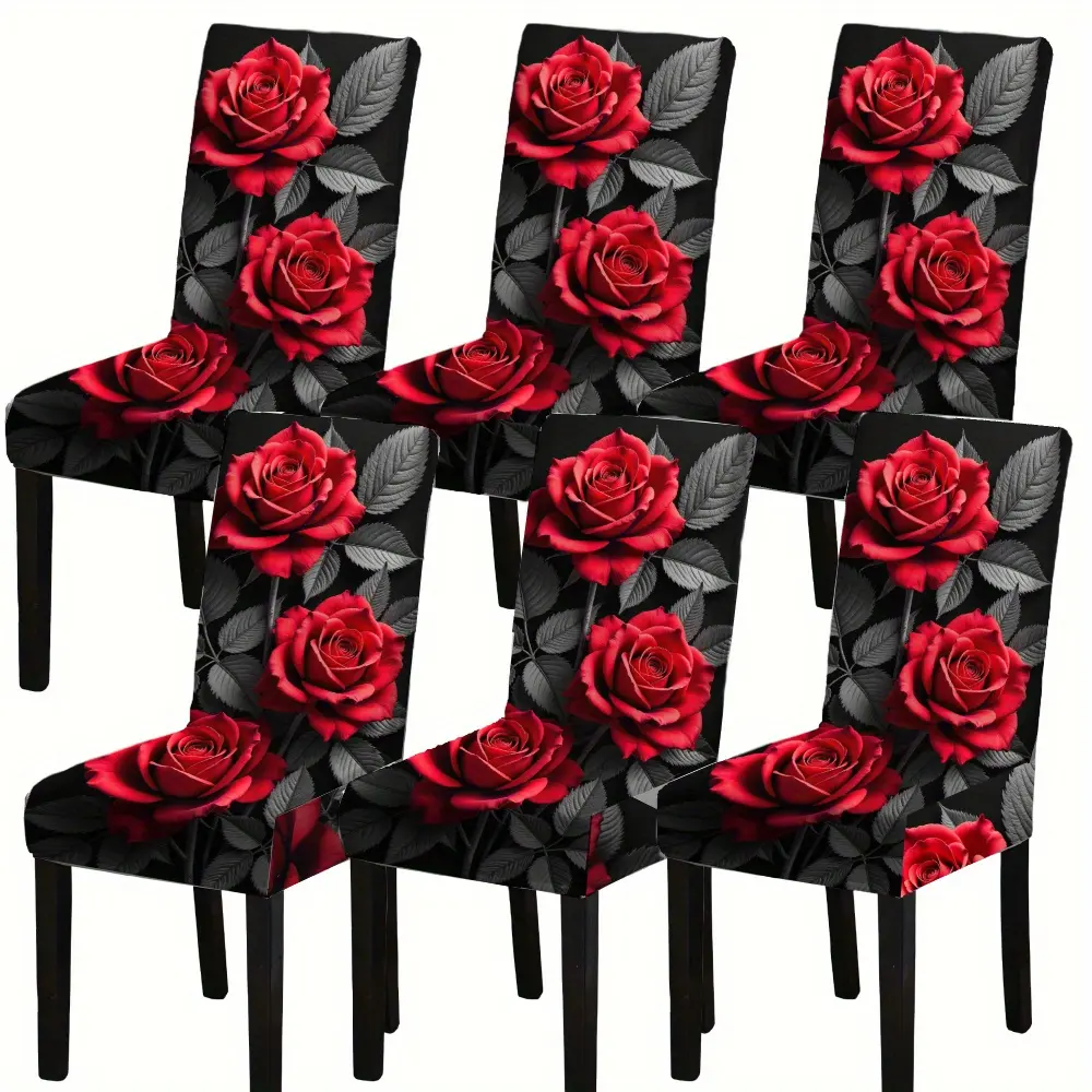 Retro Look Polyester Mix Dining Chair Covers - Set of 4/6 Red Rose Floral Print Elastic Stretch Durable Protectors, Stain Resistant Universal Size for Indoor Home Living Room Room Decor, House Decor, Machine Washable