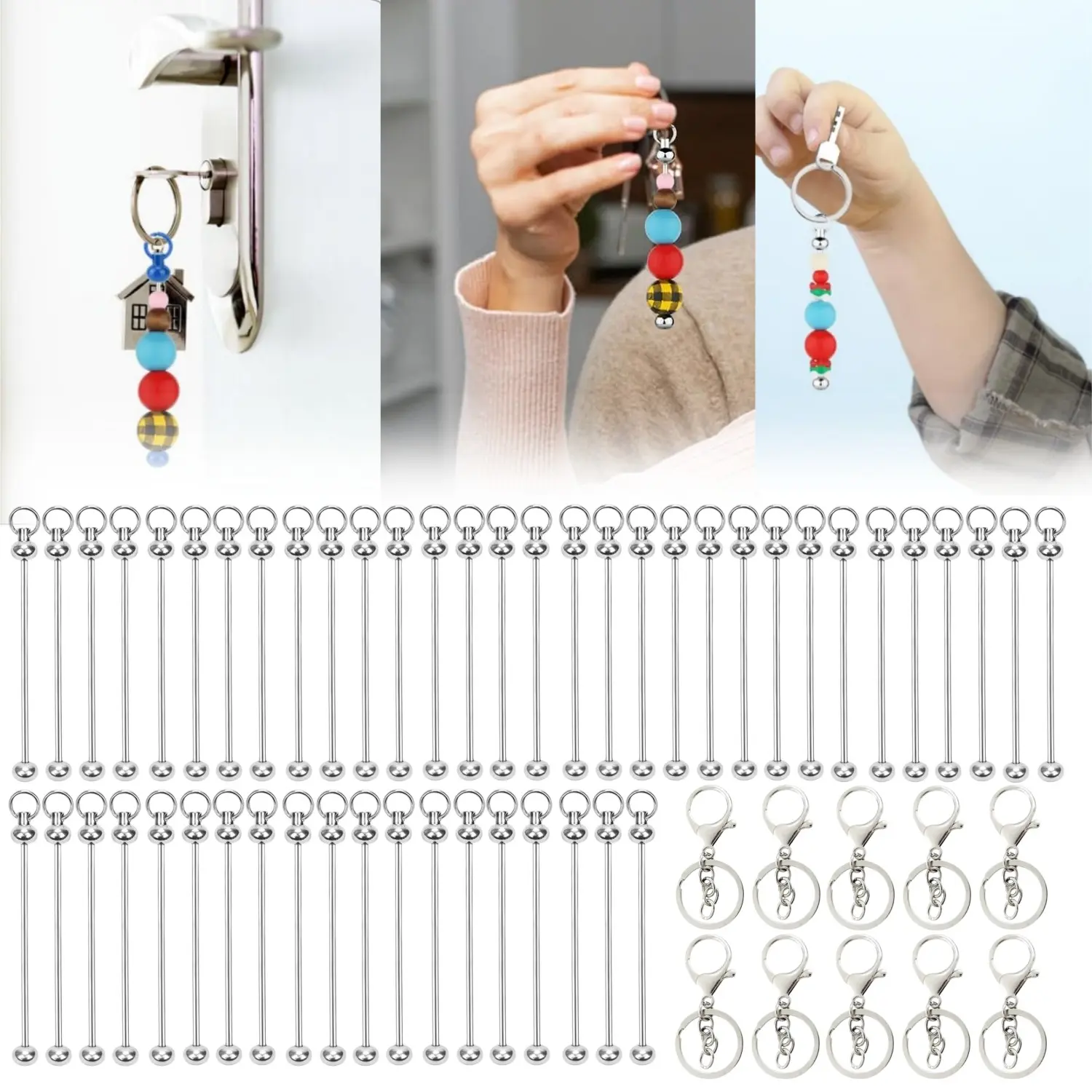 50 Pcs Beaded Metal Beadable Keychain Blank Bars - Easy Detachable DIY Keychains Charm Links for Craft Jewelry Making Home Decor Hanging Supplies