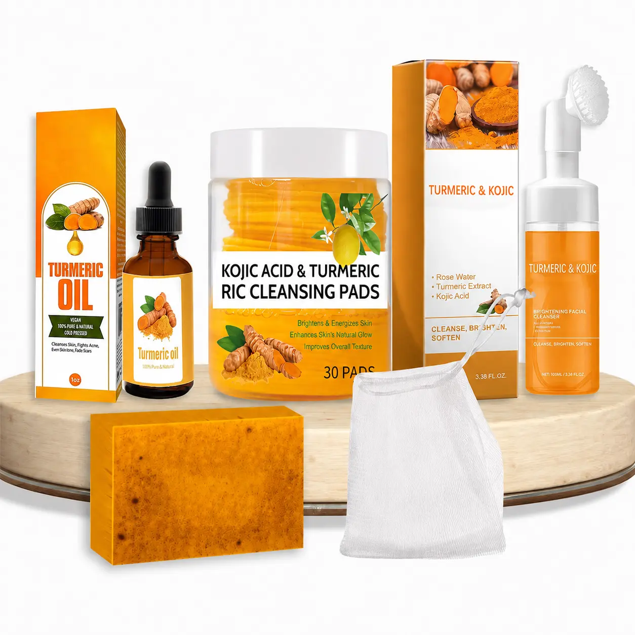 Turmeric Blend Double Cleansing Facial Kit - Women's 5-Piece Daily Face Wash Set (Bar + Oil, Mousse, 30 Cleansing Pads) with Vitamin C, Brightening Facial Cleaner for Normal Skin, Self-Care Beauty Gift