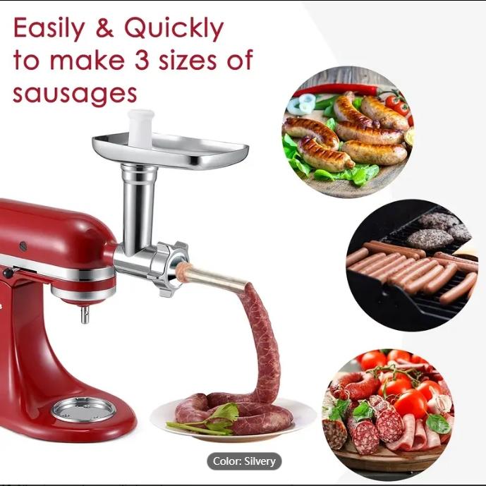 Metal Food Grinder Attachments For KitchenAid Stand Mixers, Meat Grinder, Sausage Stuffer, Perfect Attachment For KitchenAid Mixers, Silver (Machine/Mixer Not Included)