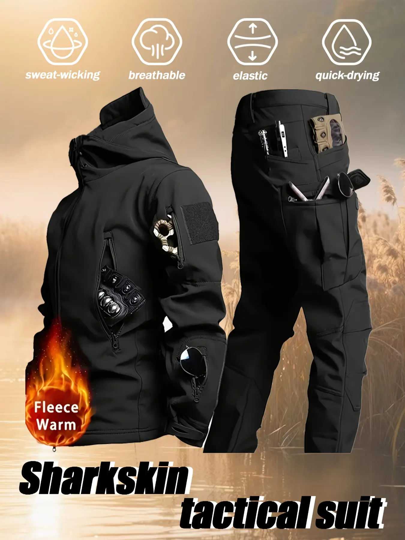 Men's Military Tactical Set for Fall/Winter 2-Piece Set Includes Waterproof Tactical Jacket and Multi-Pocket Workwear Pants Fleece-Lined Windproof Suitable for Work, Hiking, Camping, Fishing, Mountaineering, Travel, Skiing, and Casual Wear