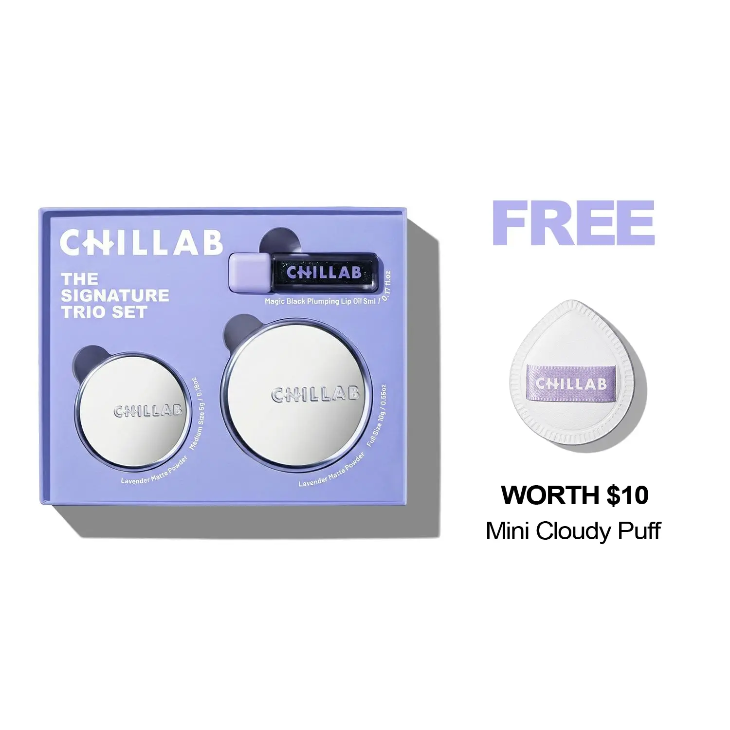 Chillab Signature Trio Set Lavender Matte Powder Full & Medium Size with Magic Black Lip Oil for 12 Hour Matte Control Hydrated Natural Lips Compact Makeup