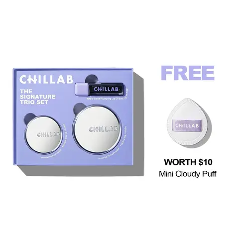 Chillab Signature Trio Set Lavender Matte Powder Full & Medium Size with Magic Black Lip Oil for 12 Hour Matte Control Hydrated Natural Lips Compact Makeup