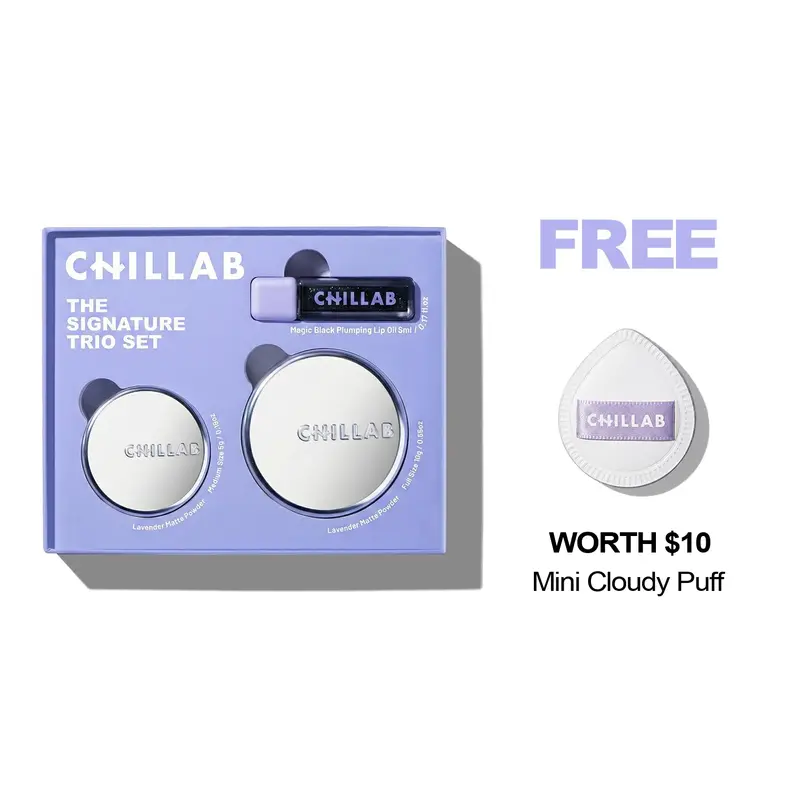Chillab Signature Trio Set Lavender Matte Powder Full & Medium Size with Magic Black Lip Oil for 12 Hour Matte Control Hydrated Natural Lips Compact Makeup
