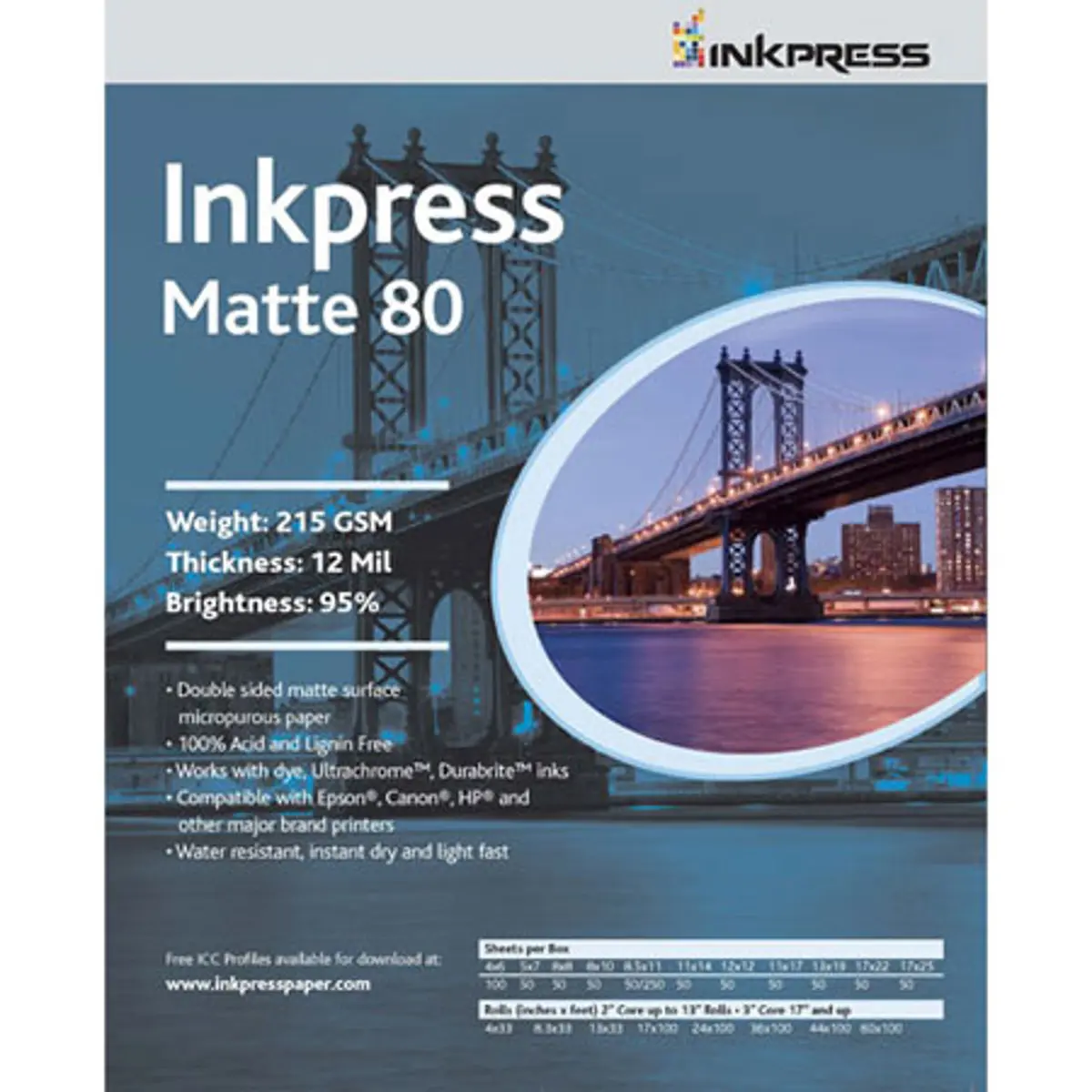 Inkpress Duo Matte 80 Inkjet Paper, 215 gsm Weight, 12 mil Thickness, 95% Brightness, Double Sided, 5x7", 50 Sheets