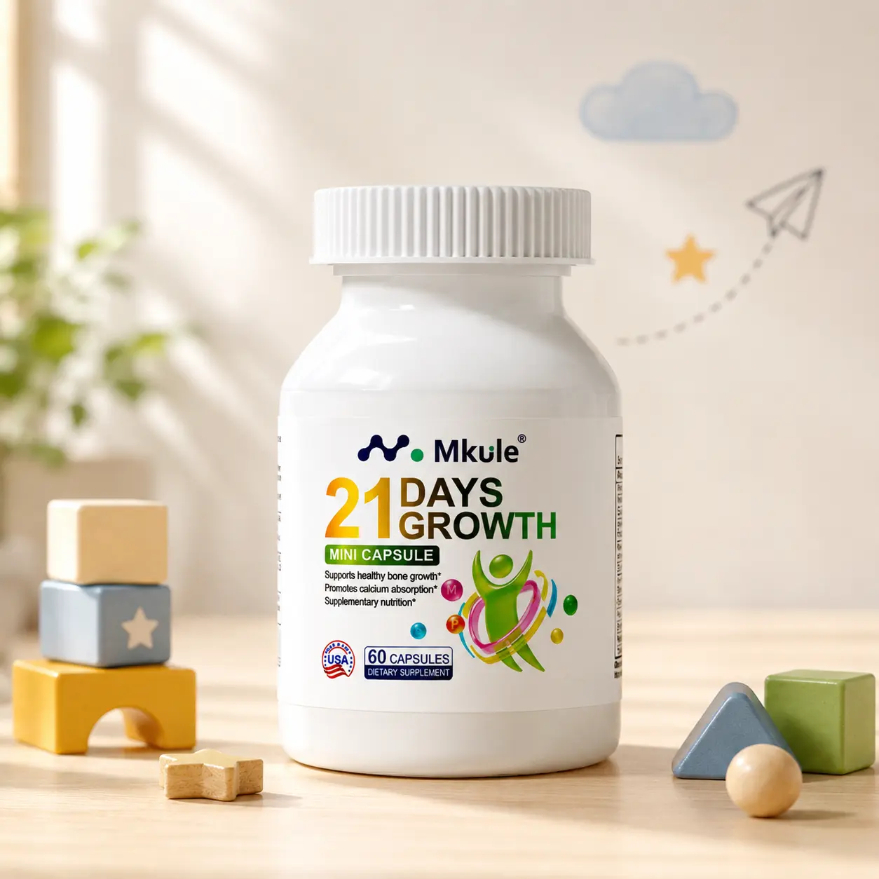 Mkule 21 DAYS Growth Height Growth Supplement - Height Growth Maximizer for Kids & Teens With Calcium,K2 & Multivitamins Third-Party Tested,Vitamin D3,ALL- NATURAL,60 Capsules
