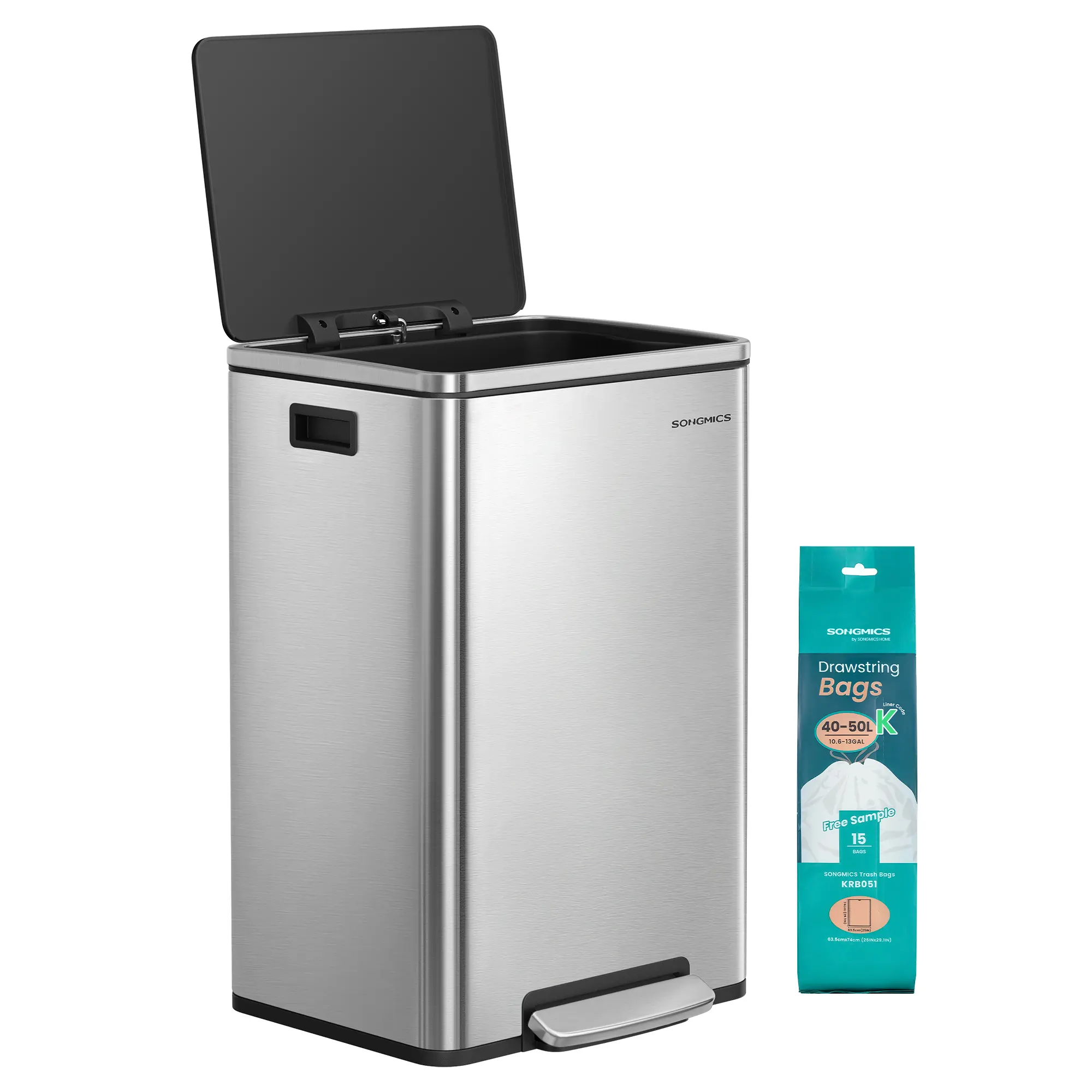 SONGMICS 13-Gallon Stainless Steel Garbage Can, Ready-to-Use Kitchen Trash Bin with Soft-Close Lid, Removable Inner Bucket, 2 Handles, 15 Trash Bags