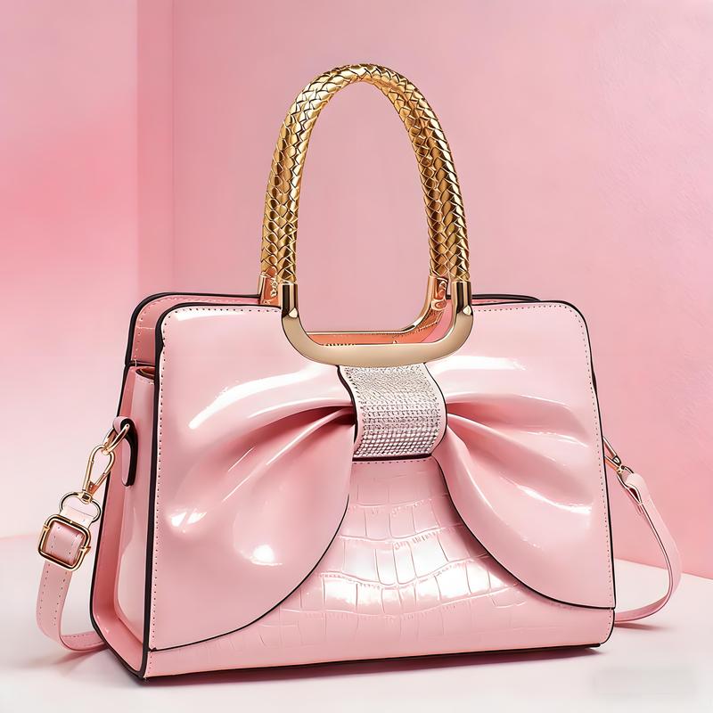 Elegant Temperament Women's Leather Bag-Crocodile Pattern & Bow Detail,3-In-1 Style (Shoulder + Simple Handbag + Classic Crossbody)