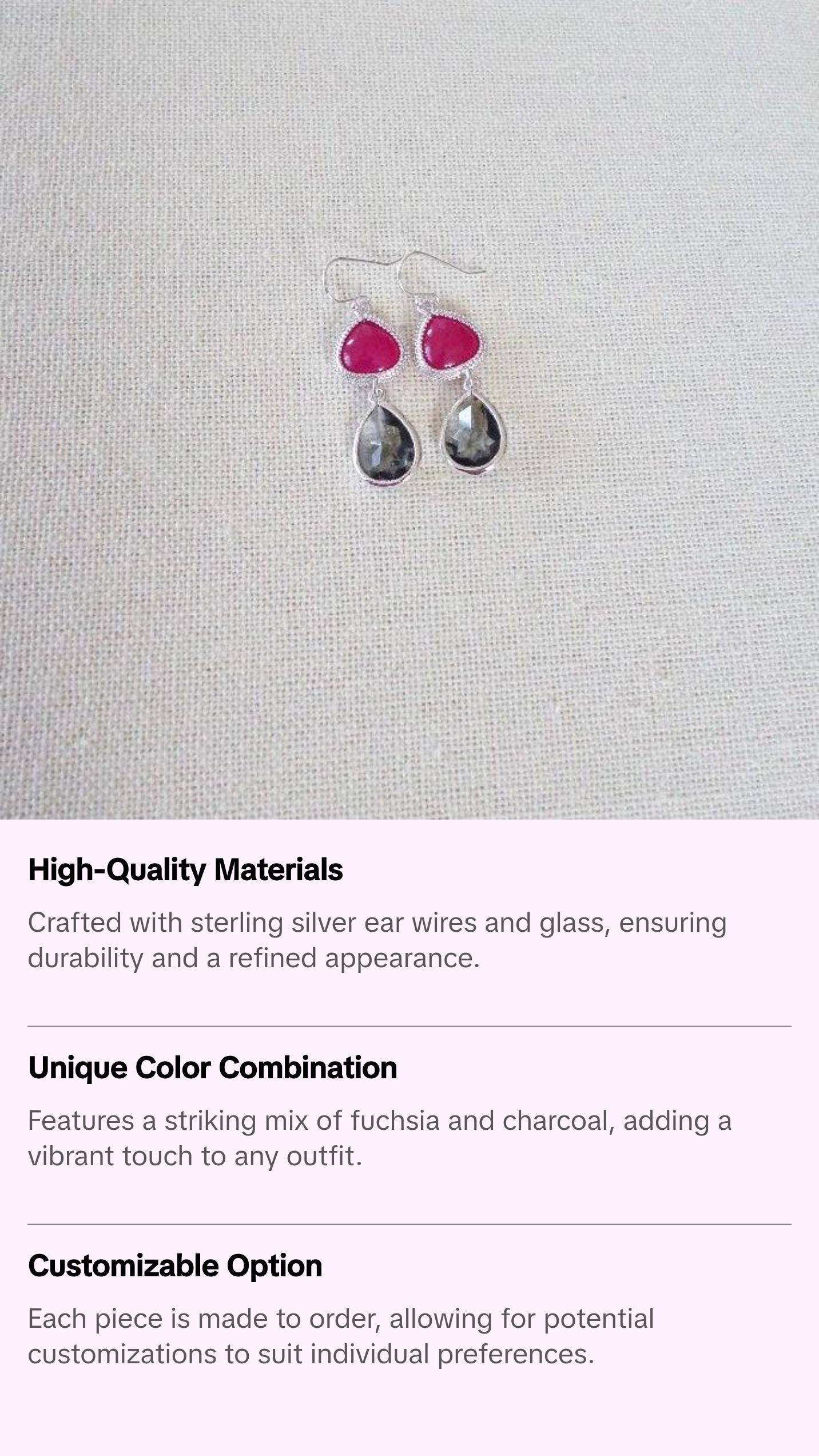 Pink and Grey Earrings - Fuschia and Charcoal Earrings - Silver Earrings - Gray Earrings - Weddings - Bridal - Mothers Day Gift