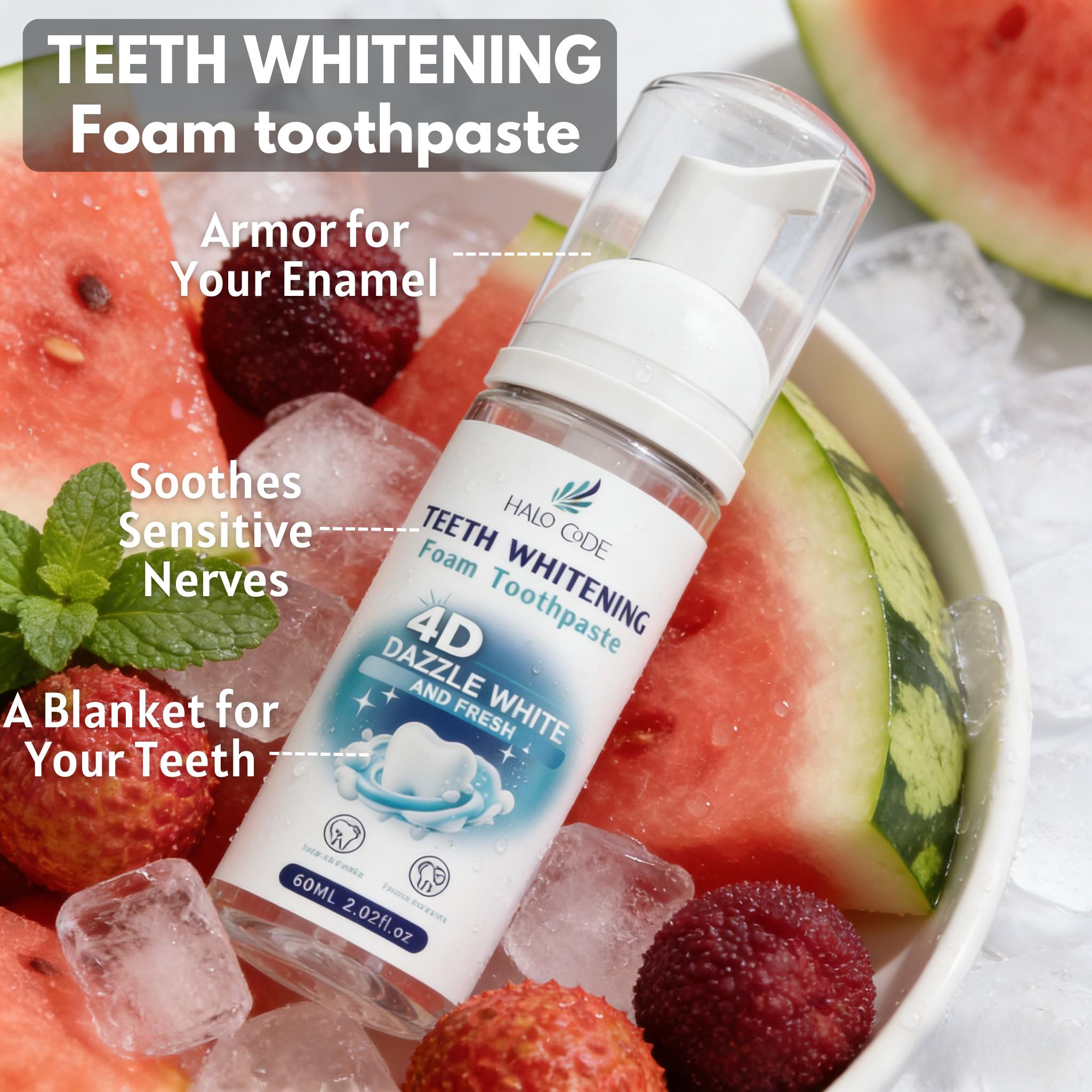 Halo Code 4D Dazzle White Foam Toothpaste,Get Whiter Teeth in Just 7 Days! Whitening, Sensitivity Relief & Fresh Breath All-in-One! natural oral health gentle mint snow removal cleaning improves xylitol strips care