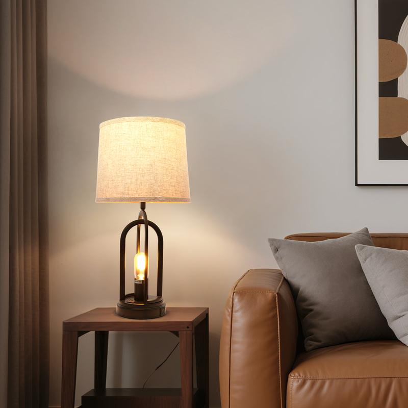 GLITGATE Set of 2 Rustic-Style Table Lamp, Natural Table Lamp with 2 USB Ports, Bedside Table Lamp with Button Control, Modern Night stand Lamp, Desk Farmhouse Lamp with Fabric Shad For Bedroom, Living Room, Reading, Decorative Home