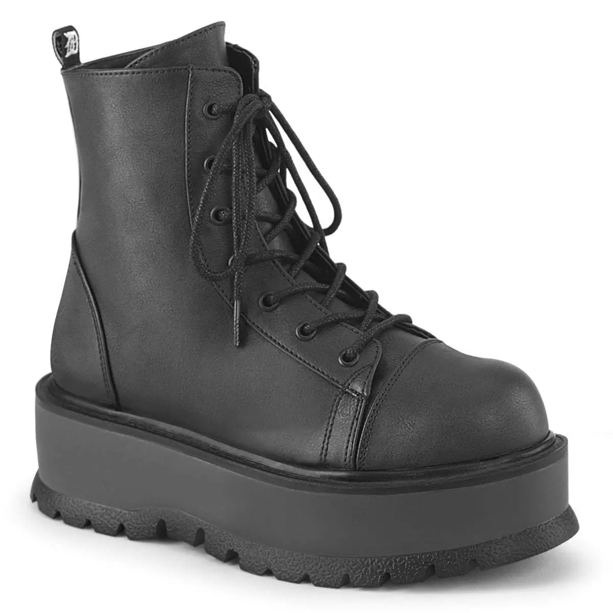 Demonia Slacker-55 Mid-Calf Cuban Heel Vegan Leather Ankle Boot