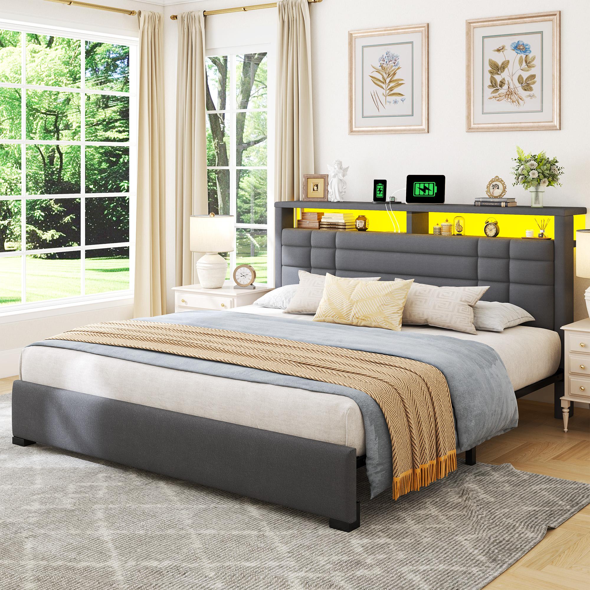 【Teen Size Bed】Raybee Luxury Bed Frames with Headboard & 2 Storage Shelves, Upholstered Bed Frame with LED & USB Ports for Full Queen King, Modern Bedroom Furniture, No Mattress, No Noise, Metal Slats Holds up to 880lbs[BlackFridayCyberMonday]