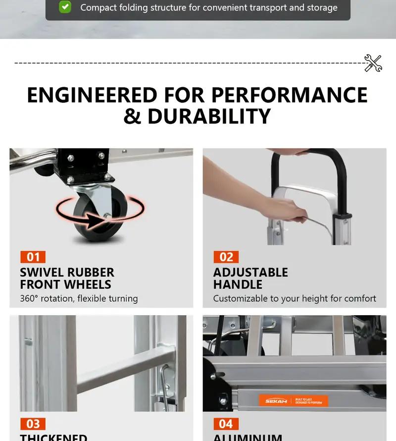 SEKAM Aluminum Folding Hand Truck, TikTokShopBlackFriday, 2 in 1 Design Max 800 lbs Capacity, Heavy Duty Industrial Collapsible cart, Dolly Cart with Rubber Wheels for Transport and Moving in Warehouse, Supermarket, Garden