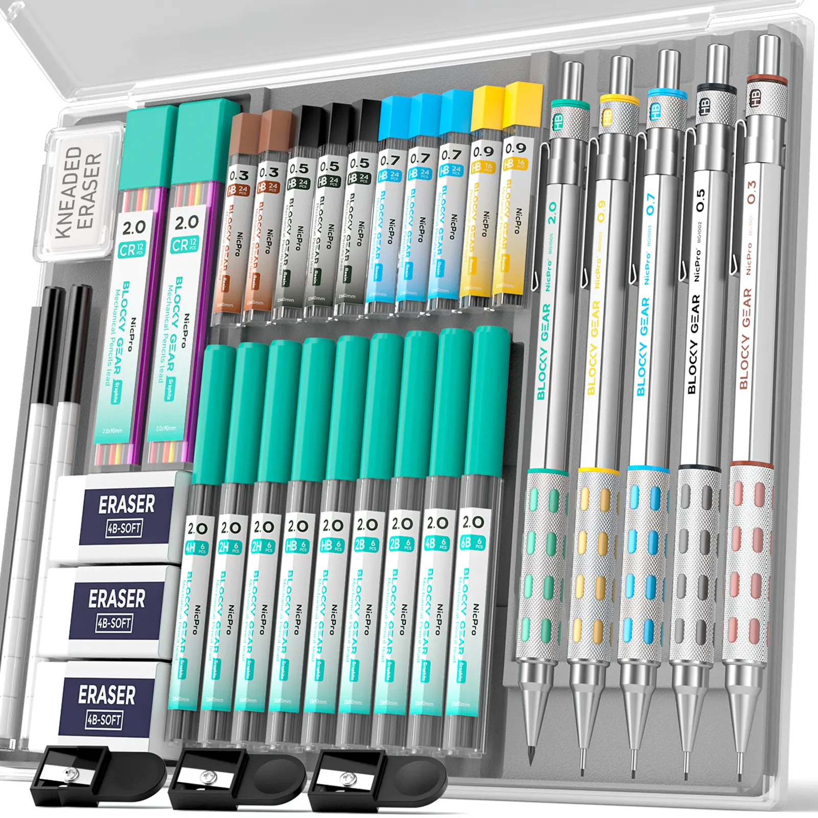 Nicpro 5-Pack Compact Metal-Body Mechanical Pencils Set with Case, Multi-Size 0.3/0.5/0.7/0.9/2mm Lead Holders, 21 Tubes Refills, Artist Drawing Tool for Office & Art Stationery Supplies, Compact Metal Pencils
