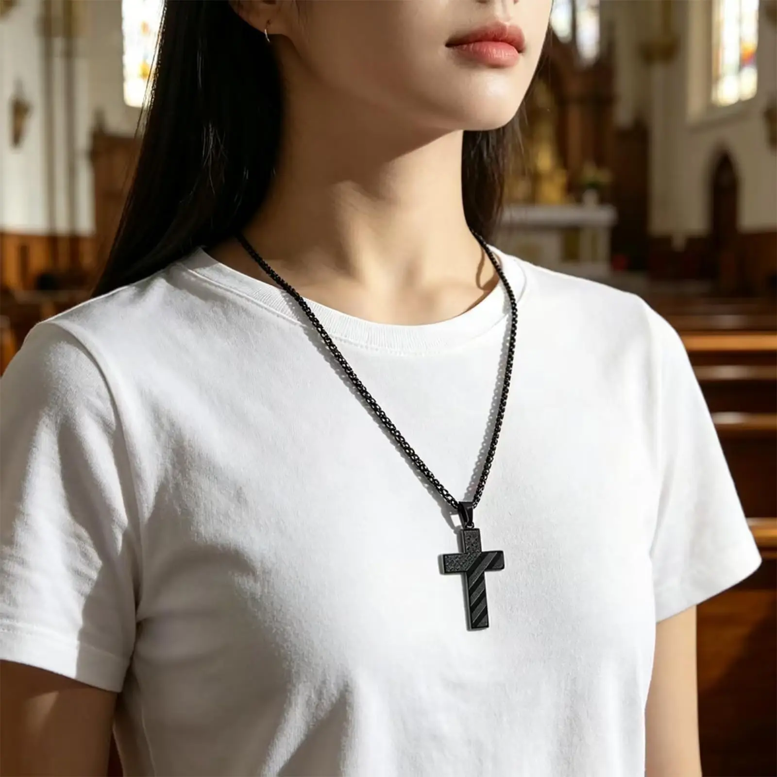 Unisex American Flag Cross Necklace - Christian Bible Verse Pendant, Baptism/Confirmation Gift for Him or Her, White Elephant Exchange at Parties