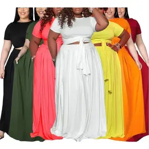 Womens Plus Size 2 Piece Dress Outfits Solid Color Crop Top Maxi Skirts Set