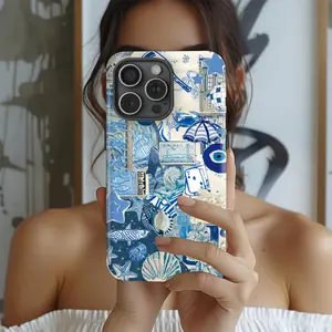 Blue Ocean Style Collage Phone Case, Coastal Style, Cute Preppy Style 2-in-1 Phone Case, Durable, Shock Absorbent, Fashionable Design. Compatible with iphone 11, 12, 13, 14, 15 and 16 Pro Max and Pro Plus Series A creatively designed new phone case, perfe