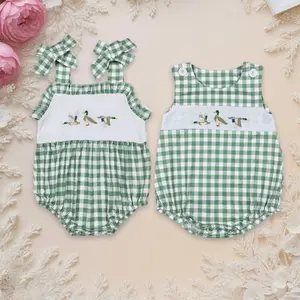 Baby Girl Boy Sibling Embroidery Ducks Green Checkered Bubble Rompers Toddler Outfit Bodysuit cute clothes Sleeveless Button Accents