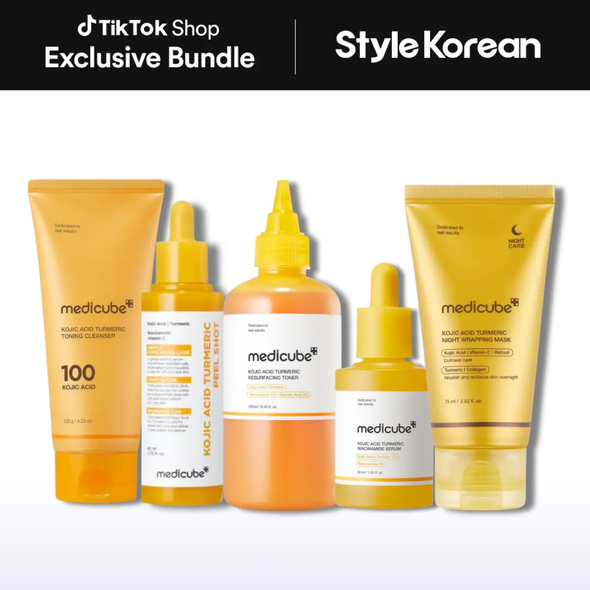 [Official Medicube Partner] Kojic Acid Routine Set for Radiant Skin - Kojic Acid Turmeric Toning Cleanser, Kojic Acid Turmeric Peel Shot, Kojic Acid Turmeric Resurfacing Toner, Kojic Acid Turmeric Niacinamide Serum, Kojic Acid Turmeric Night Wrapping Mask
