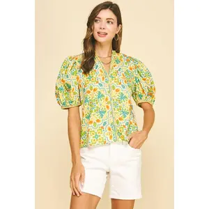 Elegant Damask Balloon Sleeve Blouse