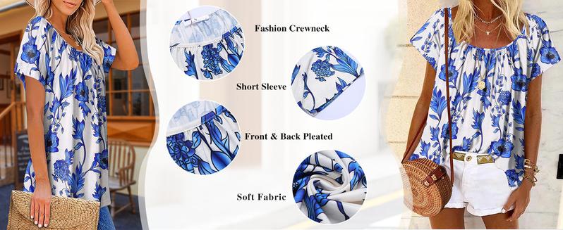 Women's Summer Floral Tunic Tops Short Sleeve Crewneck Casual Loose Pleated Blouse S-XXXL Everyday Boho Style