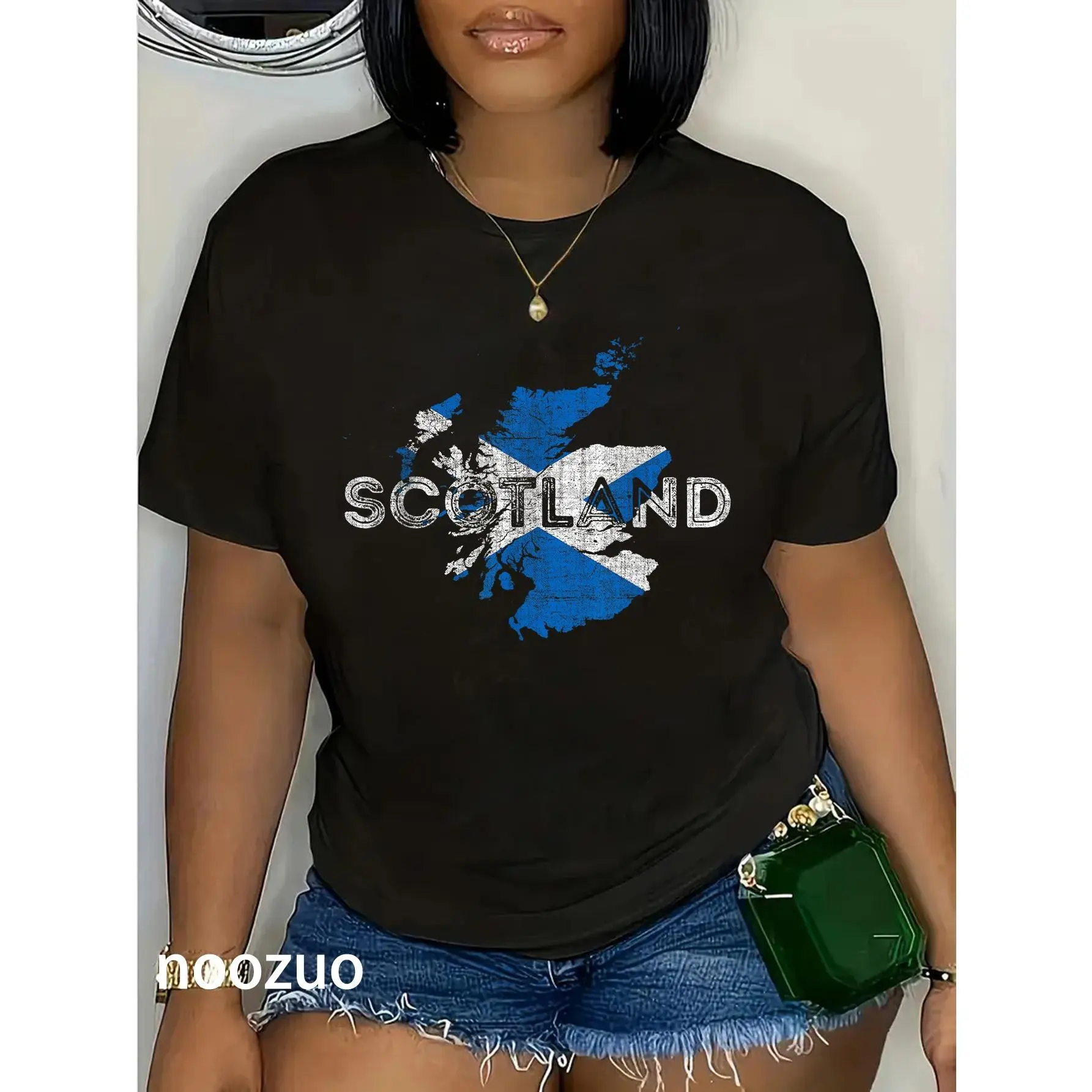 Casual Graphic T-Shirt for Women, Distressed Scotland Map Print, 100% Cotton Short Sleeve Round Neck Souvenir Top for Everyday Wear, Shortsleeve, Tshirt
