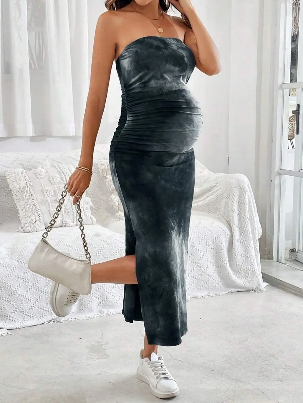 Maternity Ruched Side Dress, Trendy Tie-Dye Split Hem Fashionable Summer Pregnancy Outfit
