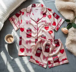 Hot New 2026 Full Set Womens Coquette Dr Pepper Satin Pajamas Set Dr Pepper Soda Lover All-over Print Short-sleeve Pocket Comfortable Shorts Elastic Waistband Adjustable Drawstring