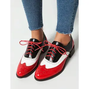 Women's Perforated Lace-Up Wingtip Multicolor Leather Flat Oxfords Vintage Oxford Shoes