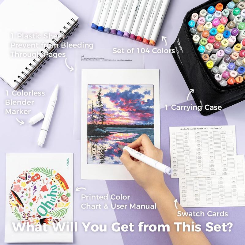 Ohuhu 104-color Alcohol Markers Brush Tip - Double Tipped Alcohol Marker for Artists Adults Coloring - Brush&Chisel/Fine - Refillable Ink - Christmas Gift