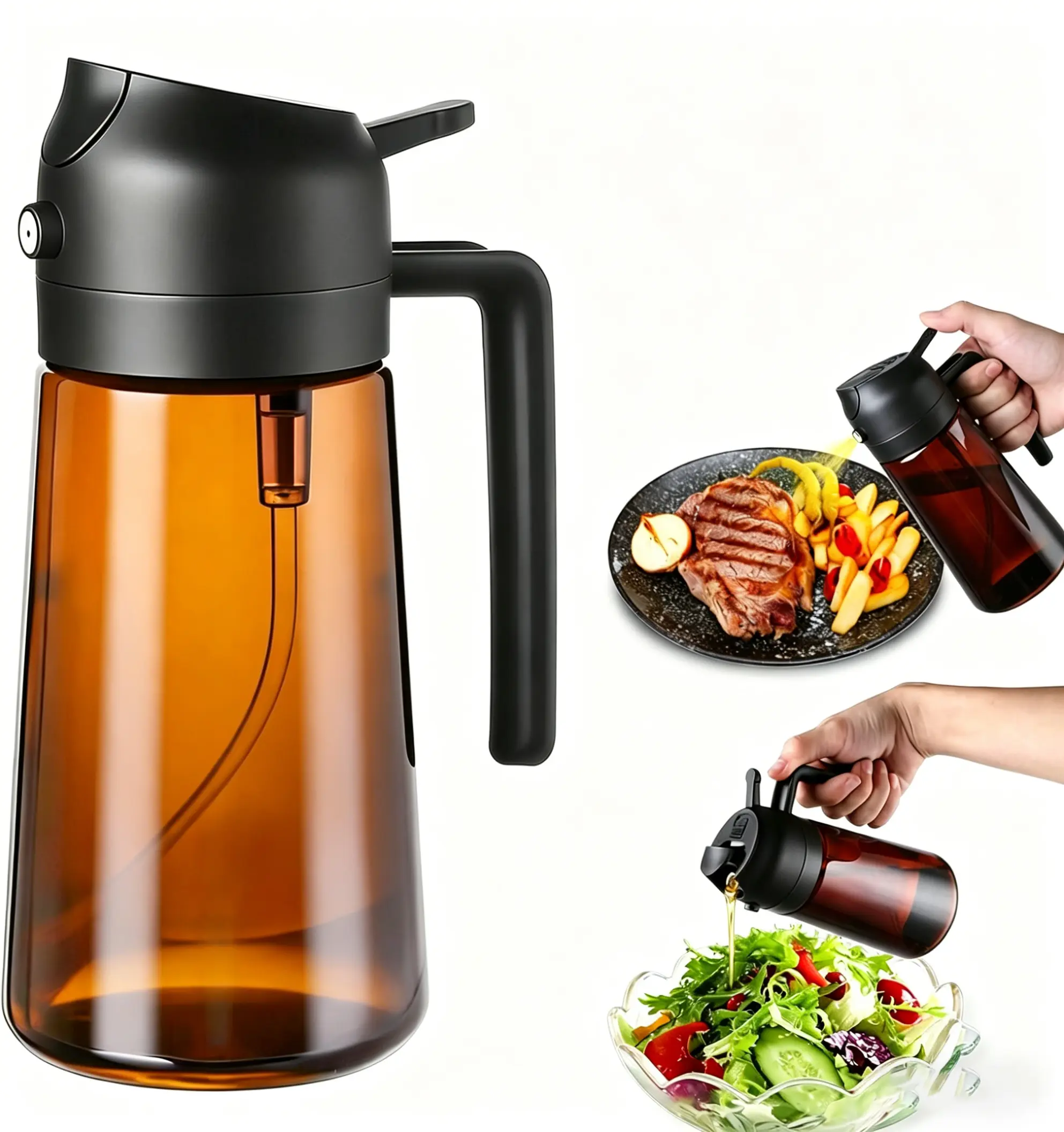 2 in 1 Oil Sprayer for Cooking, 16oz Olive Oil Dispenser Bottle for Kitchen, Food Grade Light-Blocking Leak Proof Glass Spray Bottle for Salad, Air Fryer, BBQ