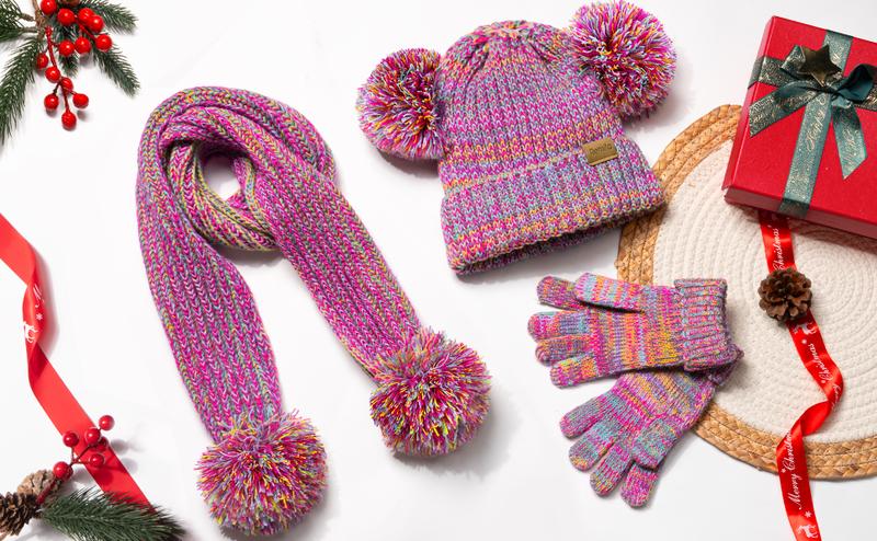Winter Hat Gloves Scarf Set, Fleece-Lined PomPom Beanie, Knit Long Scarf & Warm Mittens for School Student.Ideal christmas gifts for daughter granddaughter grandson niece