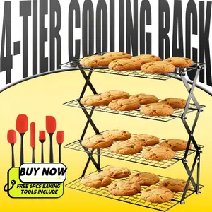 4-Tier Foldable Cooling Rack with Free 6-Piece Baking Tools Stackable Wire Rack for Baking Trays Adjustable Settings Ideal for Camping Barbecue Cooking Cooling and Cake Making