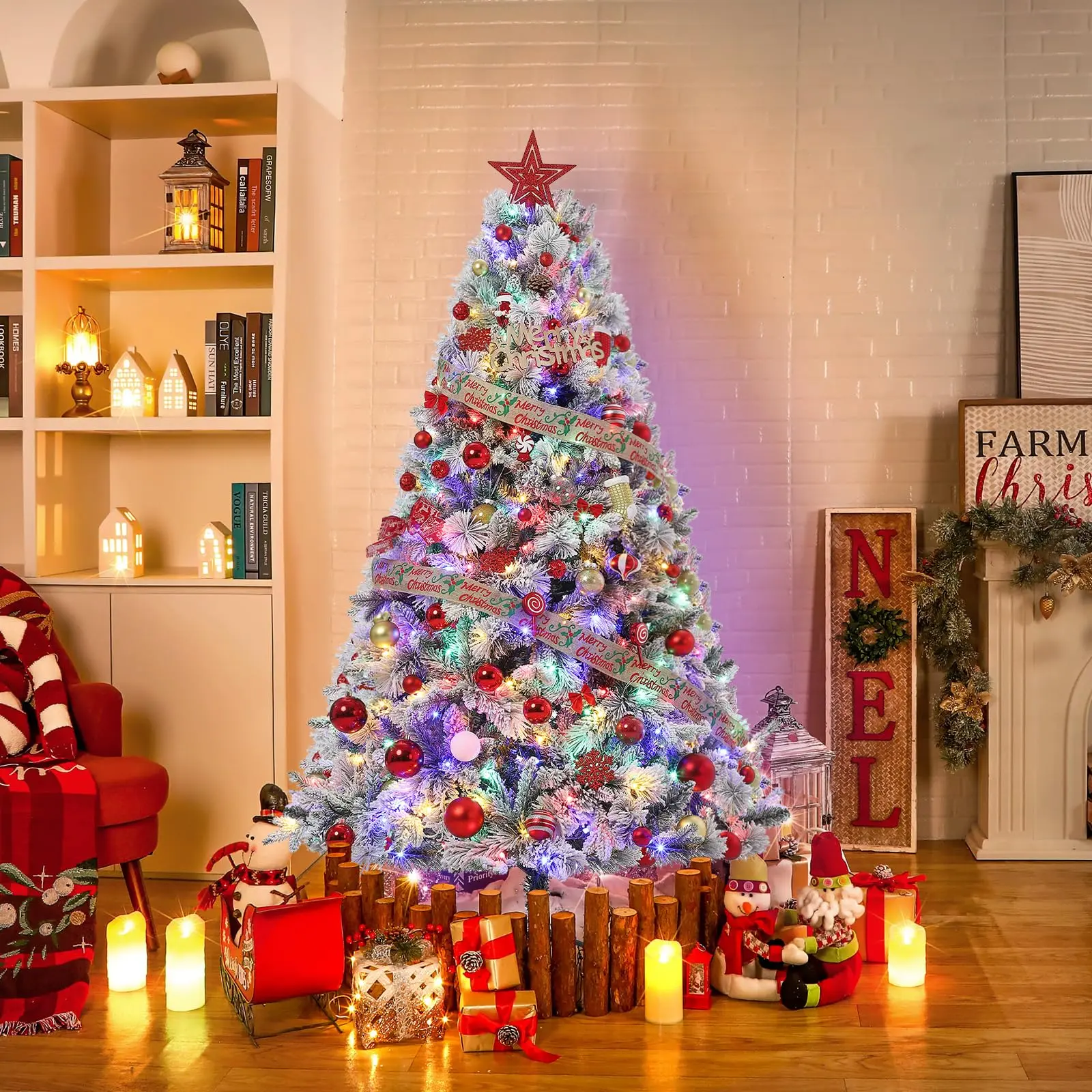 Garvee 6 Ft Snow Flocked Prelit Christmas Tree with 400 Dynamic Multi-Color Lights, 850 Realistic Branches, Metal Stand, Easy Assembly for Home and Party Decoration
