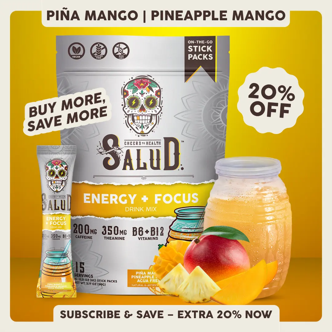 Salud 2-in-1 [Energy + Focus - Piña Mango] Clean Energy Drink Mix, Agua Fresca, Organic Caffeine (200mg), L-Theanine (350mg), B6 & B12, Non-GMO, Gluten Free, Vegan, Low Calorie, 1g Sugar (15 Servings)