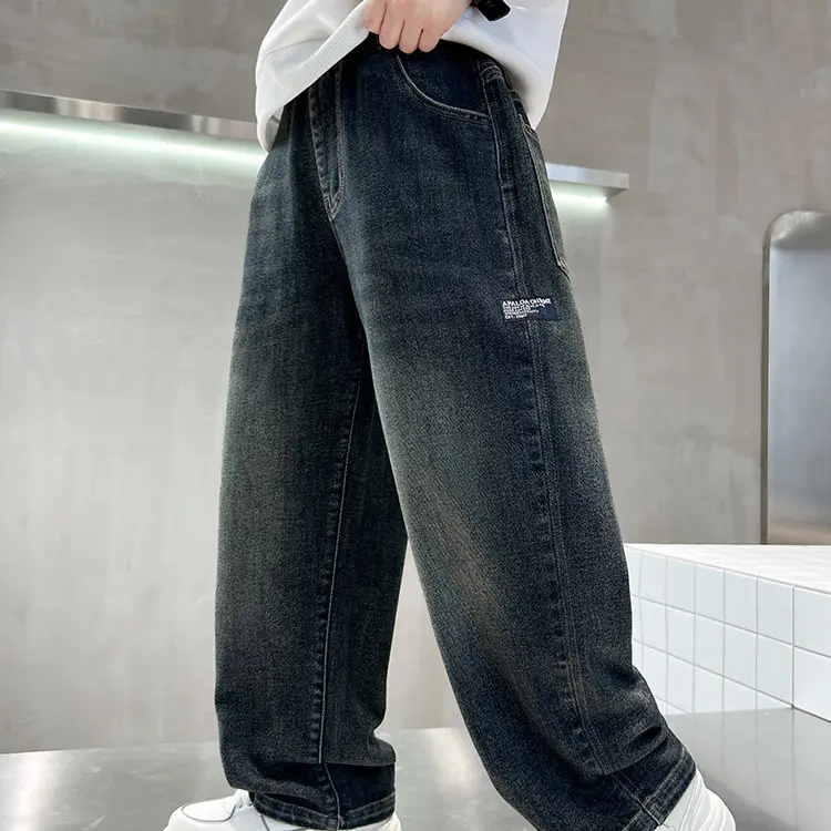 Boys' High Waisted Plain Denim Jeans - 3-14 Years, Fitted Straight-Leg Classic Style, Machine Washable, Stylish and Comfortable, Easy to Match, Back to School Bottoms, Korean Look Kids Clothing Boys