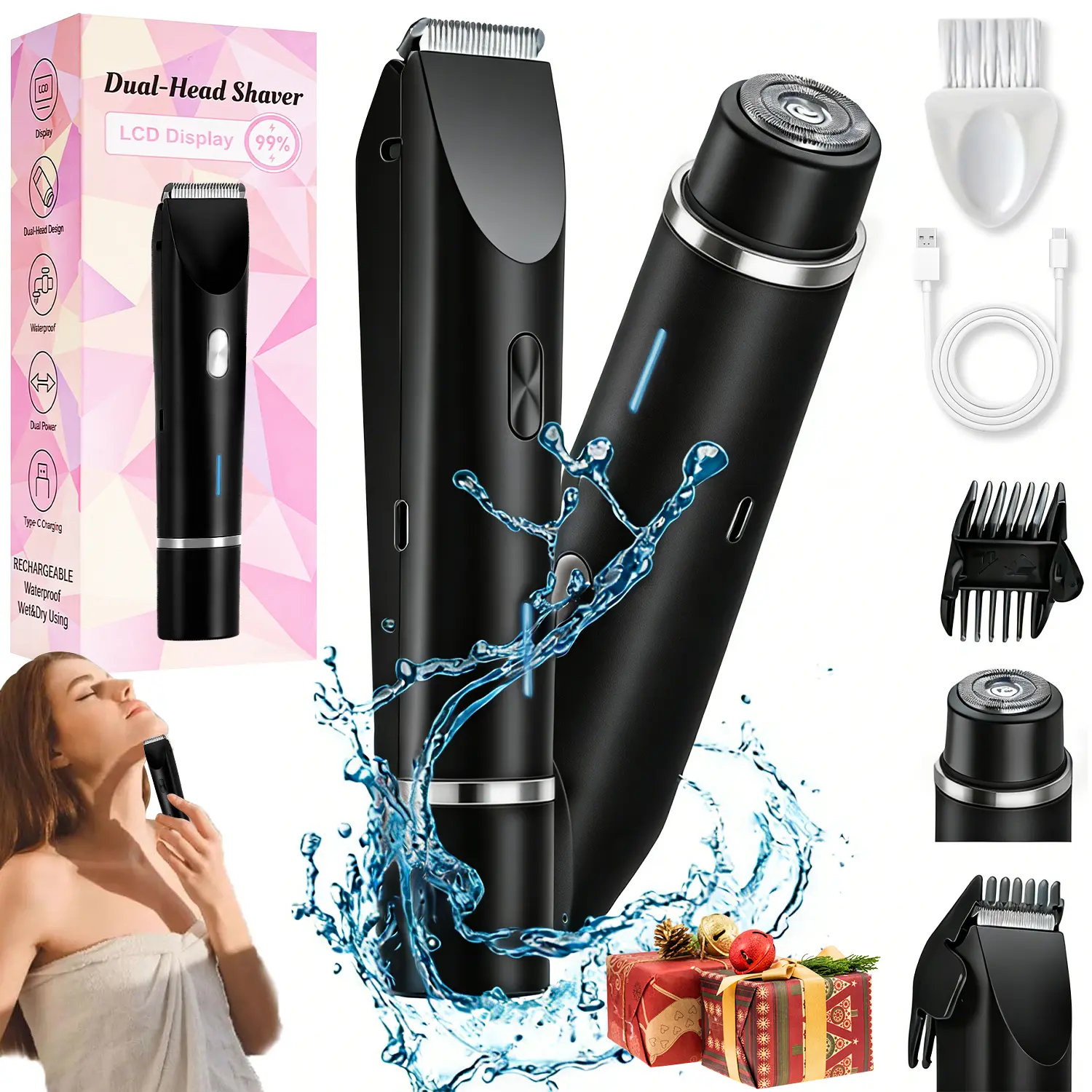 Women's 2-in-1 Smooth Silky 2-Head Shaver & Removable Bikini Trimmer - Painless Ceramic Blade, 10000RPM, IPX7 Waterproof, Rechargeable Portable Adults' Facial Self Care Product, Mother’s Day Gift with Pouch, Full Body Hair Removal Titanium Beauty Tool