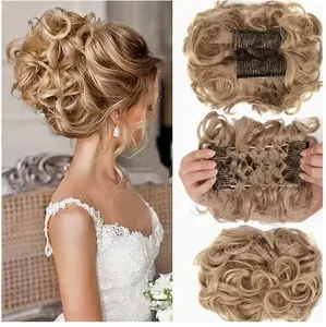 Rose bud Chignon Hairpiece Curly  Messy Curly Chignon with Rubber Band Hair Color Bun Two  Comb Clip In Updo Cover Hair Piece Ponytail for Women Light Brown & Ash Blonde Mixed