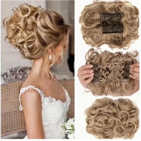 Women's Synthetic Rose Bud Chignon Hairpiece - 6 in, 80g Voluminous Body Wave Messy Curls, Secure 3-way Hold 2 Comb Clips & Rubber Band, Casual Contemporary Dressy Volume-Adding Updo, Light Brown & Ash Blonde Mixed Cover Piece