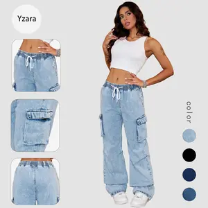 Yzara Women's Y2K High Rise Baggy Jeans - Elastic Waist Streetwear Pants with Pockets, Blue Denim Fashion for Casual Wear, Trendy Mid-Waist Design, Versatile for Parties & Daily Outfits Chic Costumes