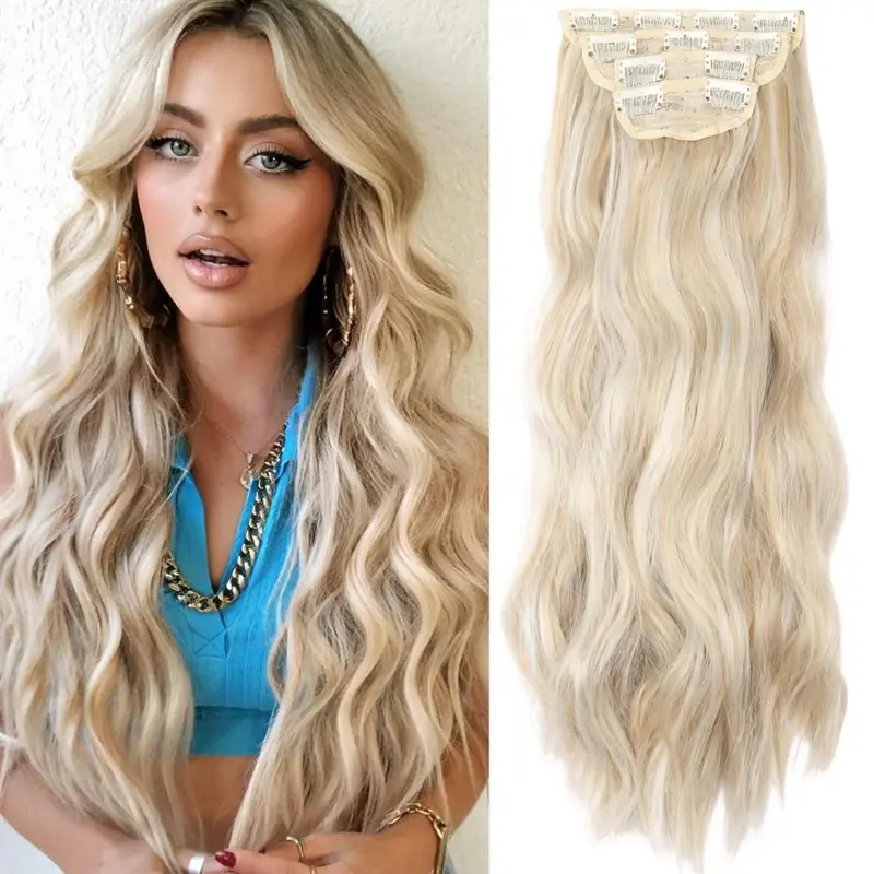Clip in Synthetic Hair Extensions Long Wavy 4PCS Thick Hairpieces Blonde Mixed Bleach Blonde Fiber Double Weft Natural Hair Extensions 20 Inch for Women instant volume