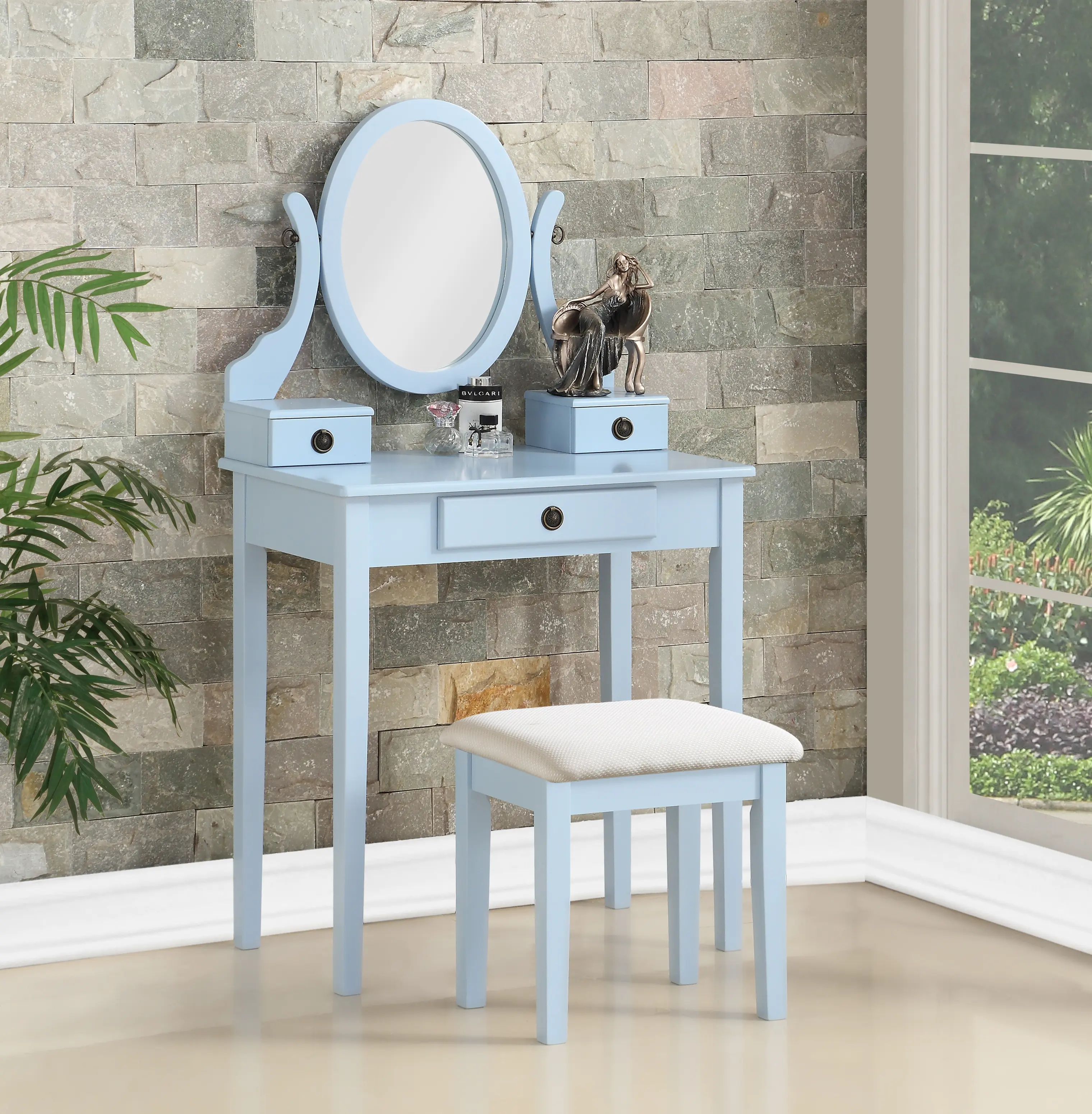 30" Vanity Table Set with Mirror and Stool, 3-Drawer Makeup Vanity with Oval Wood Frame Mirror (14.5"W x 19"H), Compact Dressing Table for Bedroom, Small Space, White, Easy Assembly, Oval Mirror
