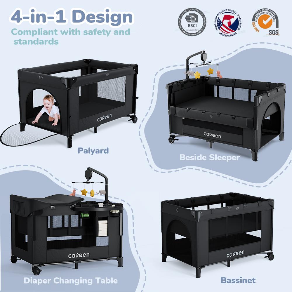 CAVEEN 5 in 1 Baby Playard, WIth Baby Bassinet, Portable Bedside Sleeper Baby Crib, with Removable Changing Station & Storage Organizer, Black CAVEEN 5 in 1 Baby Playard, WIth Baby Bassinet, Portable Bedside Sleeper Baby Crib, with Removable Changing Station & Storage Organizer, Black